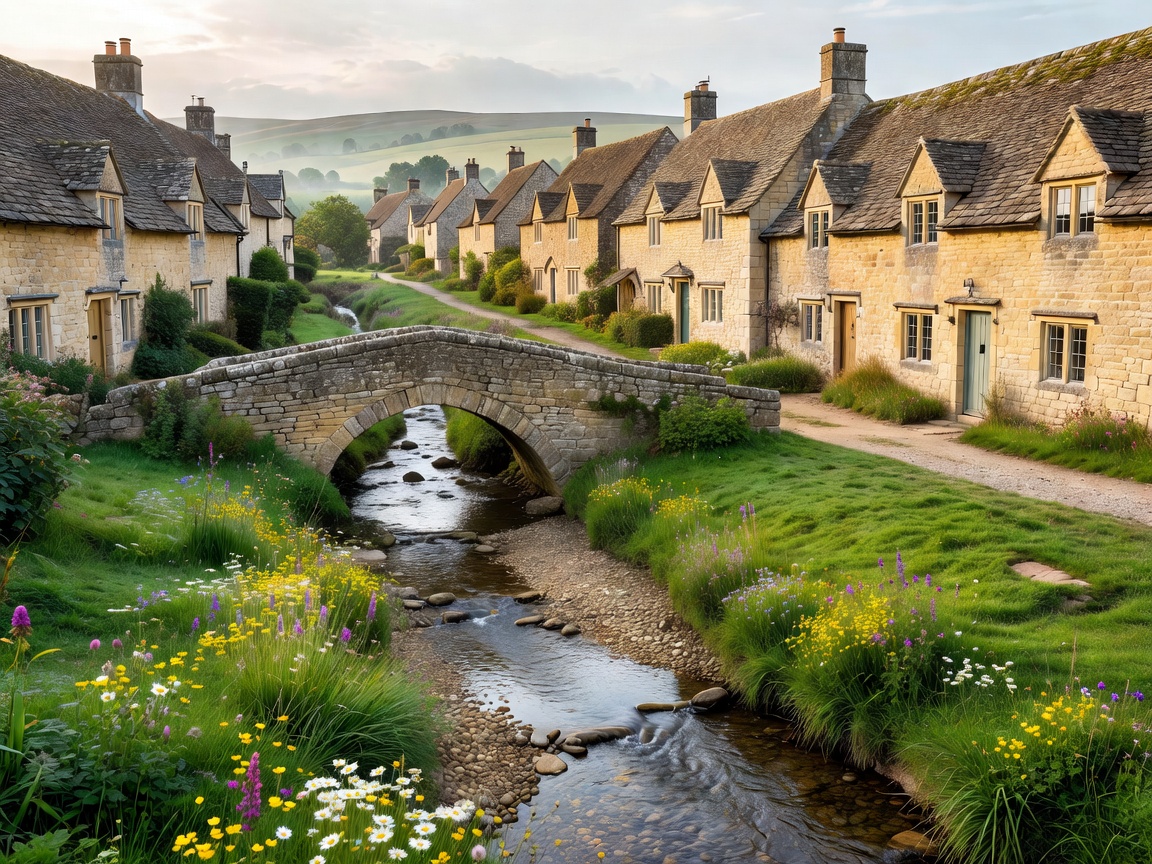 Honey stone cottage surrounded by green gardens in the Cotswolds countryside