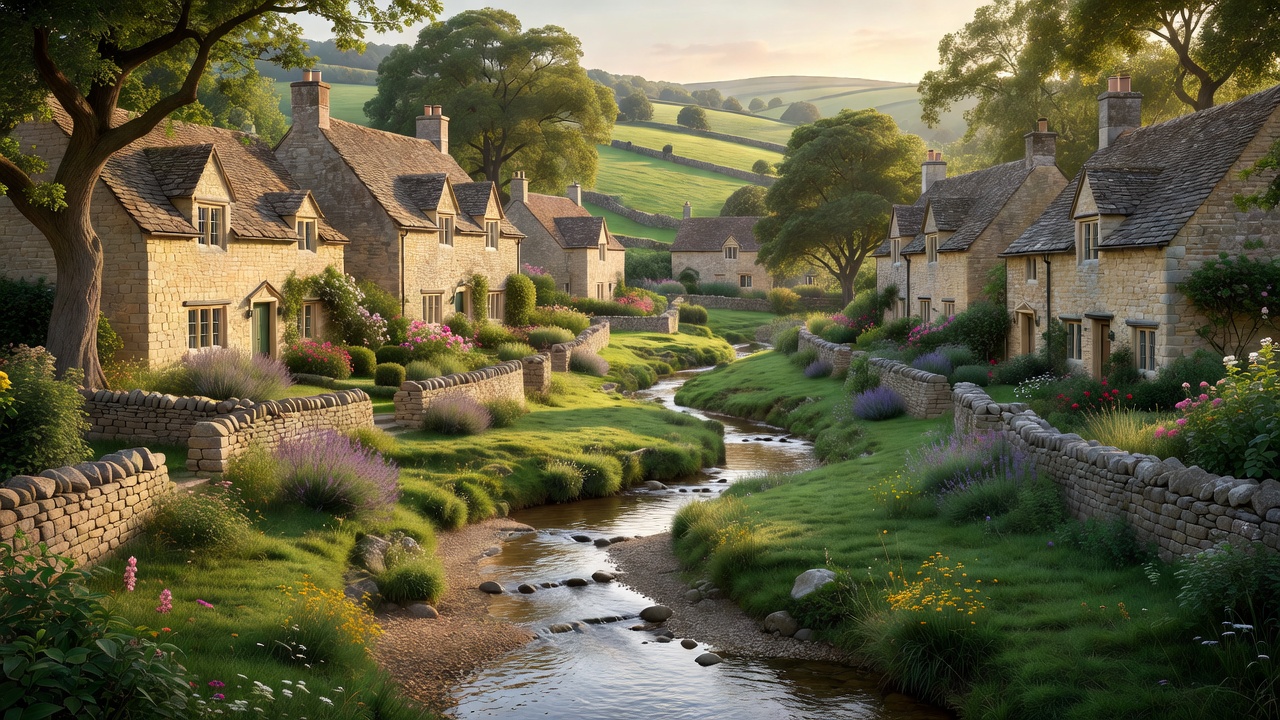 Honey stone cottages and winding stream in Cotswolds