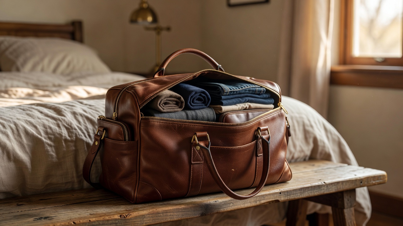 Leather weekender bag neatly packed for a weekend trip