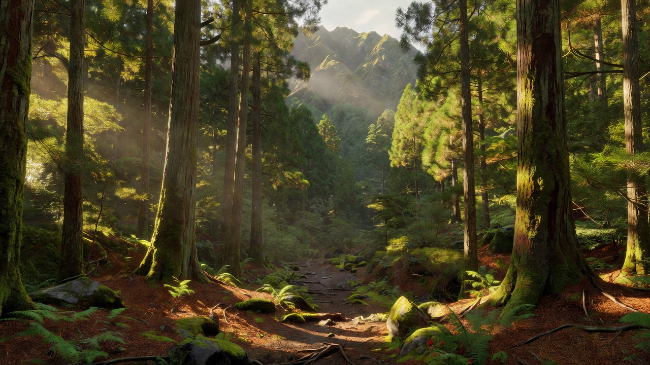 Lush cedar forest mountain pass in Kurama Japan