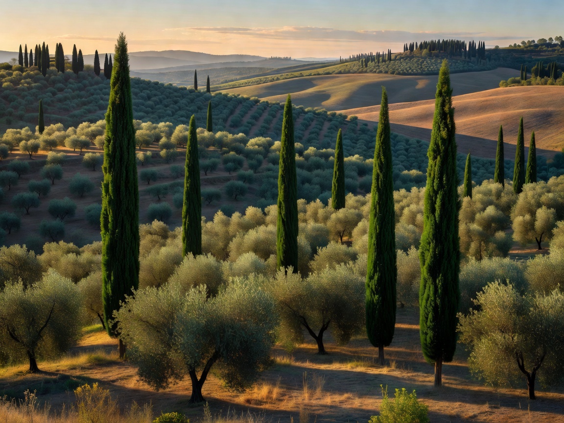 Rolling green hills cypress trees and olive groves in Val d'Orcia Tuscany